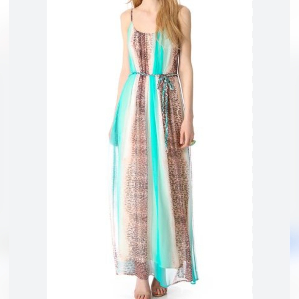 charlie jade Silk Turquoise Teal Brown Animal Print Belt Maxi Dress Size Small - Picture 5 of 11